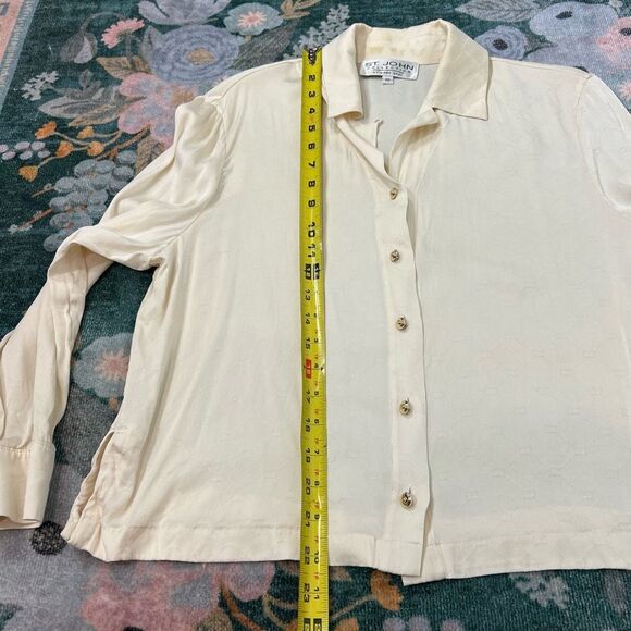 St. John Collection Silk Blouse Women 10 Cream Jacquard Button Front Long Sleeve - Picture 9 of 13